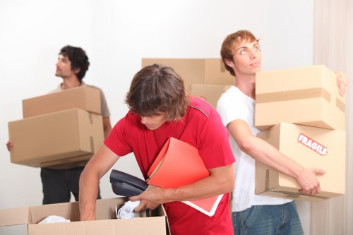 Mover carrying boxes and furniture through a flat entrance